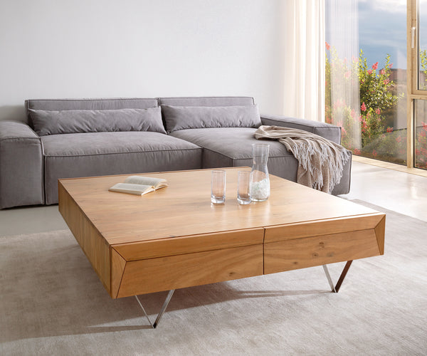Coffee Table Kayu 115x115cm 4 Drawers Acacia Wood Natural V-Feet Silver