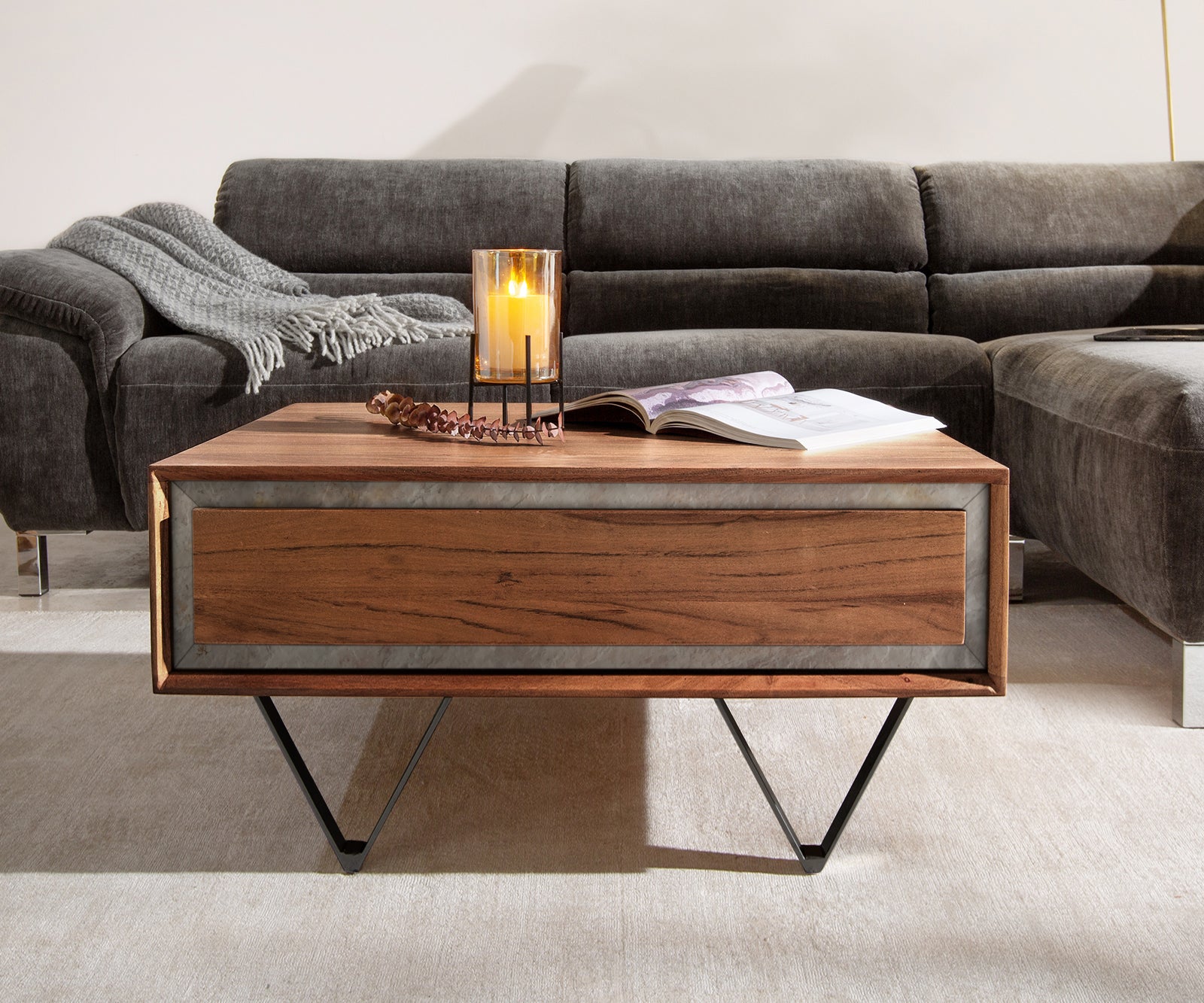 Coffee Table Stonegrace 80cm Acacia Wood Brown And Slate