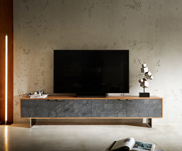 TV Stand Teele 220cm Acacia Wood Natural And Slate 4 Doors