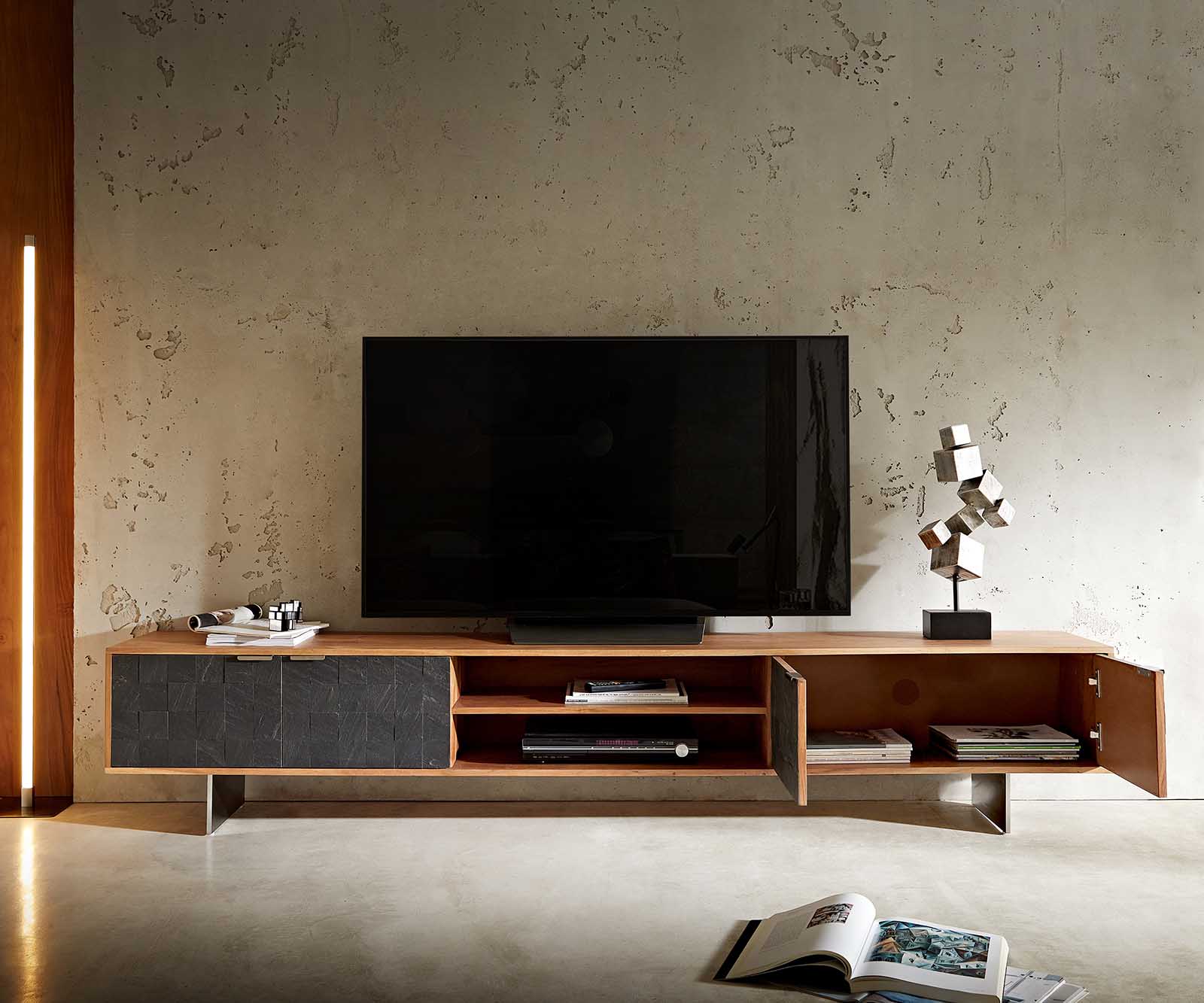 TV Stand Teele 240cm Acacia Wood Natural And Slate 4 Doors
