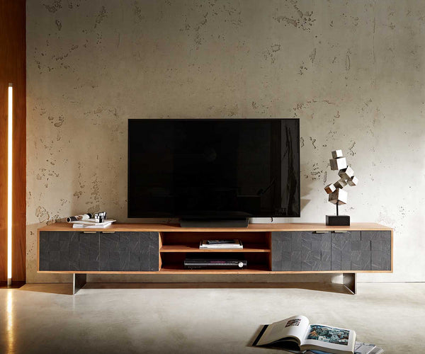 TV Stand Teele 240cm Acacia Wood Natural And Slate 4 Doors