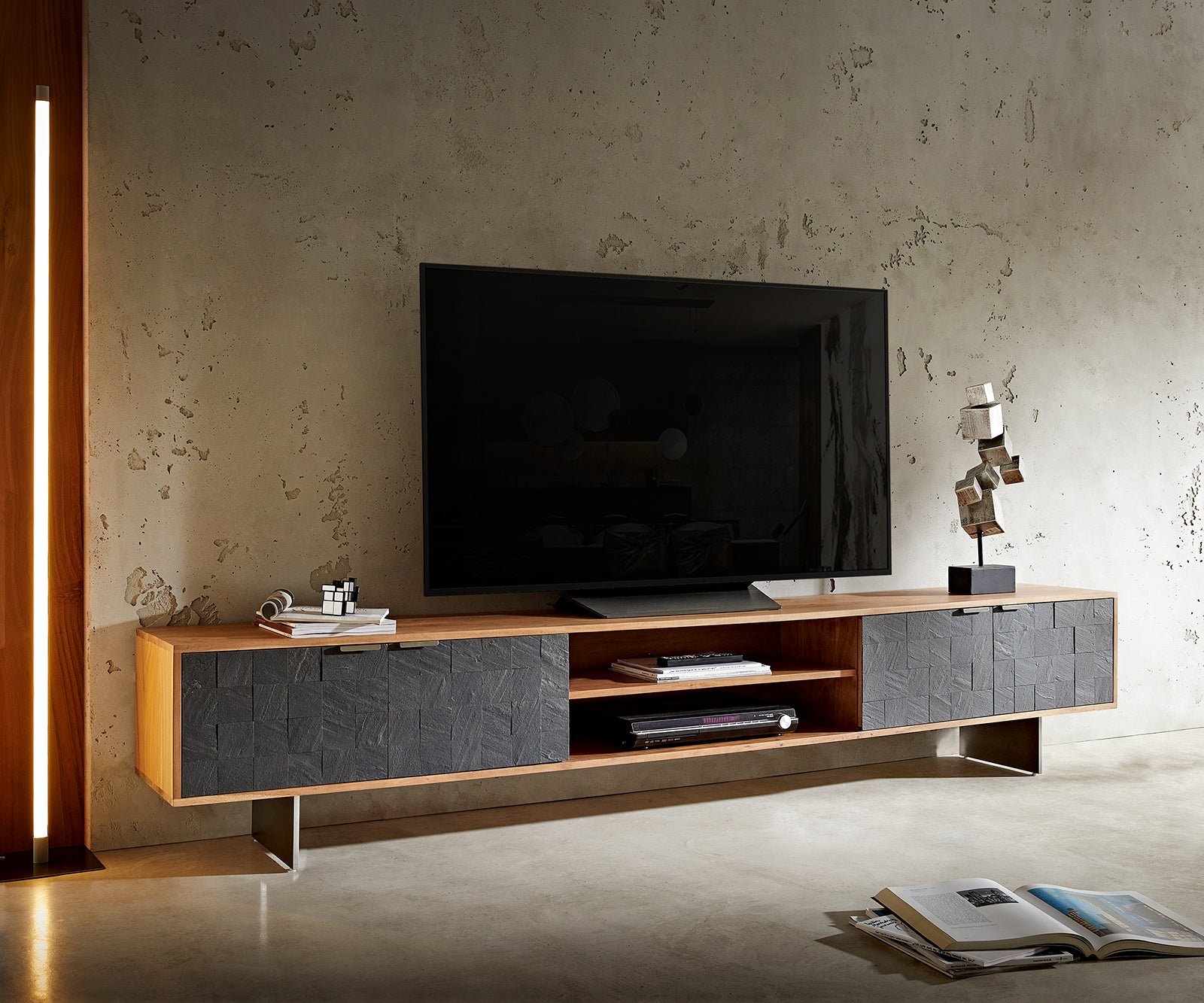 TV Stand Teele 240cm Acacia Wood Natural And Slate 4 Doors