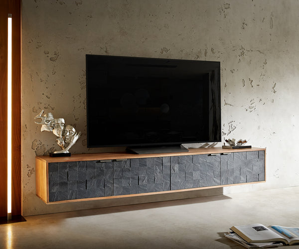 Floating TV Stand Teele 200cm Acacia Wood Natural And Slate 4 Doors