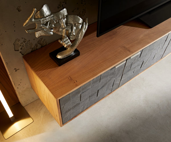 Floating TV Stand Teele 200cm Acacia Wood Natural And Slate 4 Doors