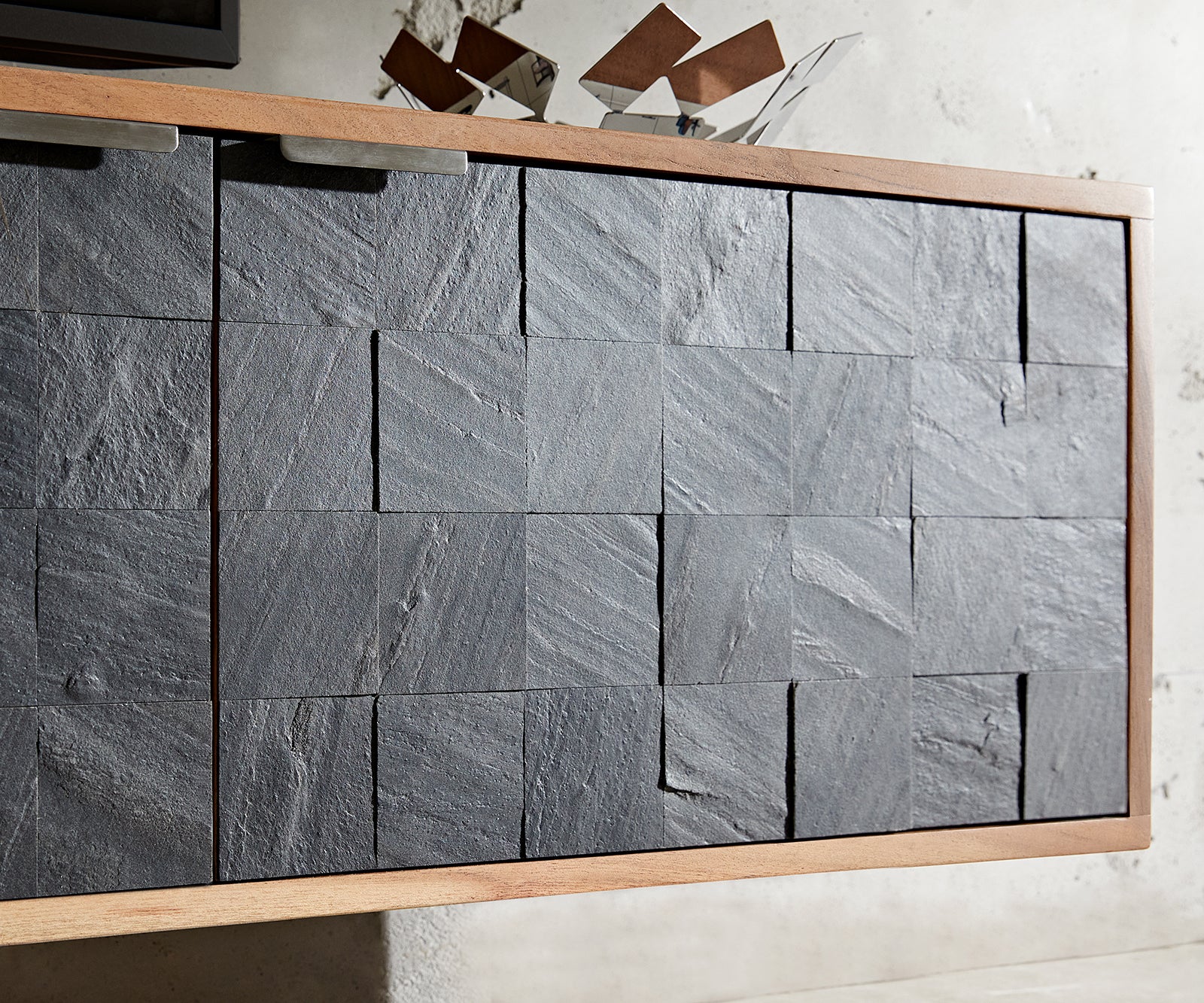 Floating TV Stand Teele 200cm Acacia Wood Natural And Slate 4 Doors