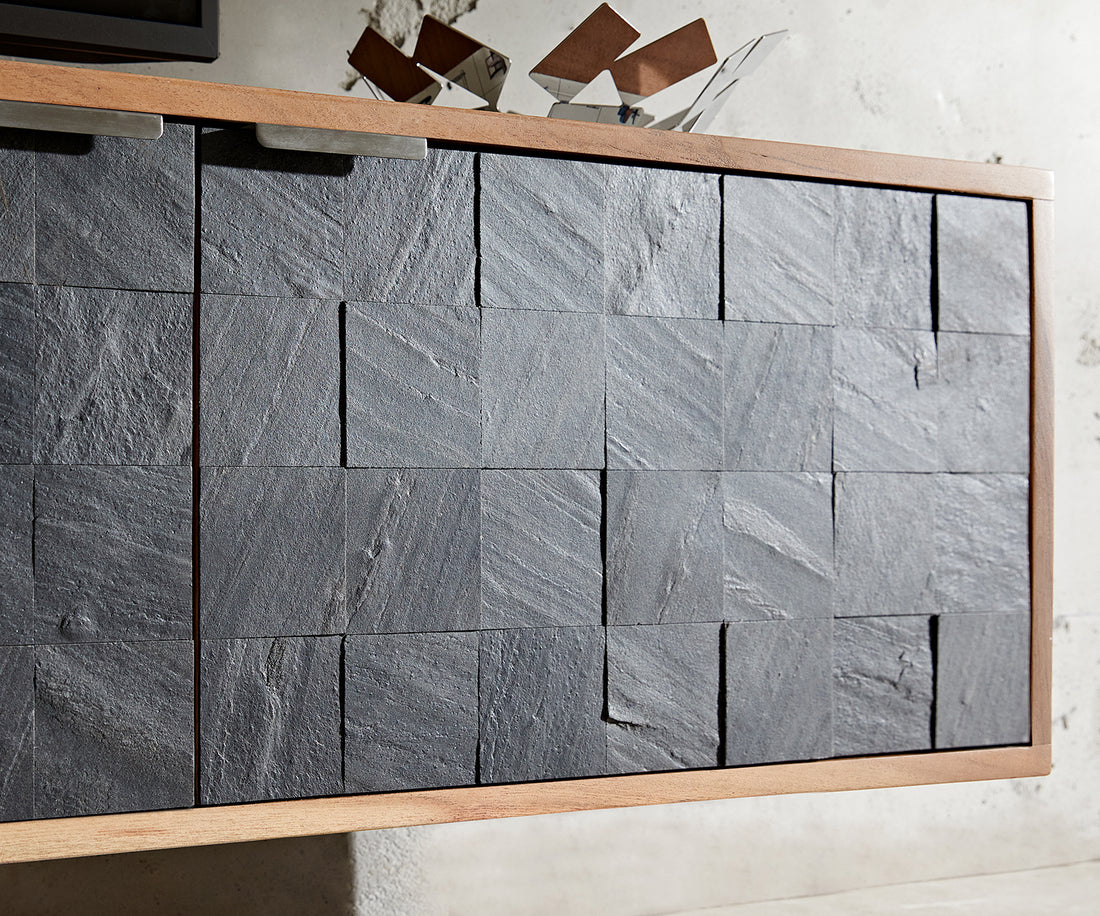 Floating TV Stand Teele 200cm Acacia Wood Natural And Slate 4 Doors