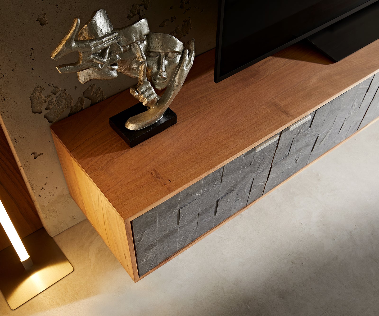 Floating TV Stand Teele 200-240 cm Acacia Wood Natural And Slate 4 Doors