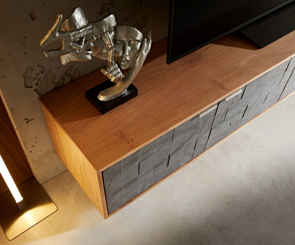 Floating TV Stand Teele 200-240 cm Acacia Wood Natural And Slate 4 Doors