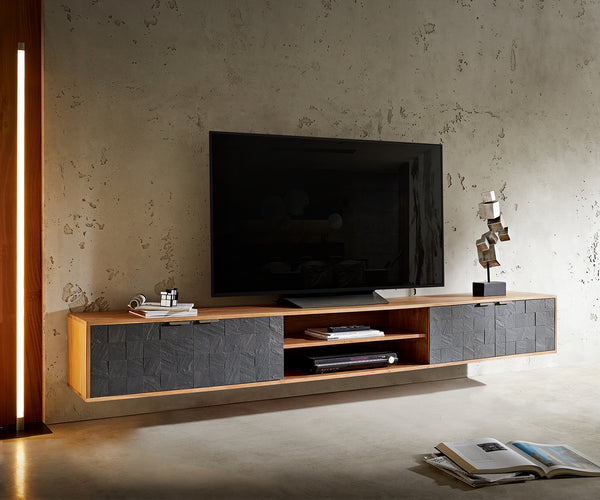 Floating TV Stand Teele 240cm Acacia Wood Natural And Slate 4 Doors