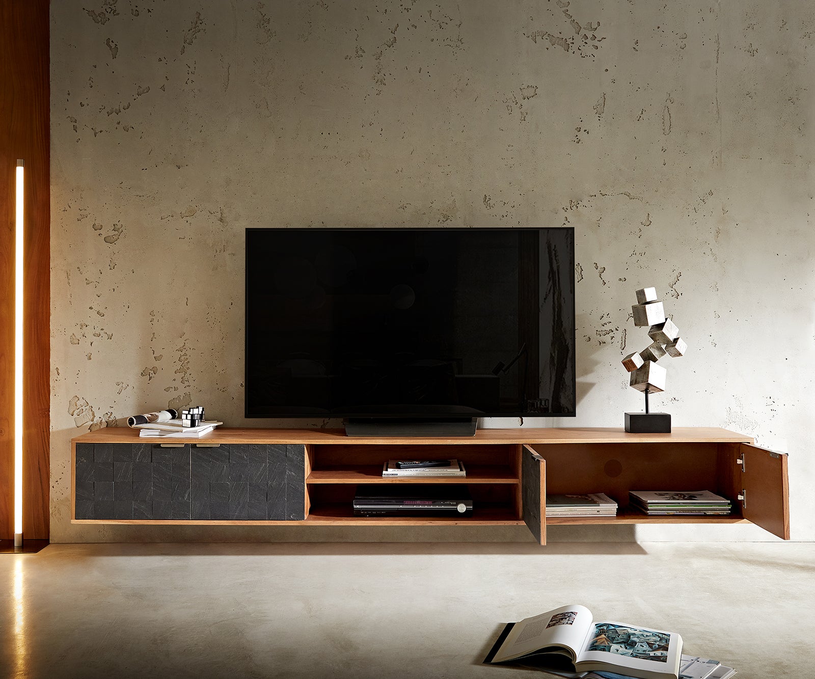 Floating TV Stand Teele 240cm Acacia Wood Natural And Slate 4 Doors