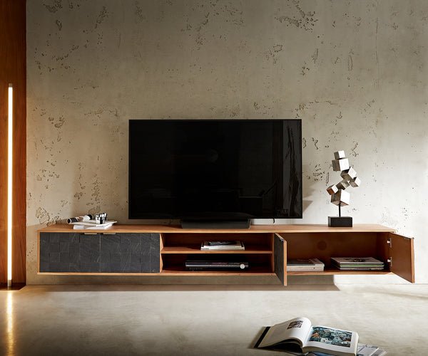 Floating TV Stand Teele 240cm Acacia Wood Natural And Slate 4 Doors