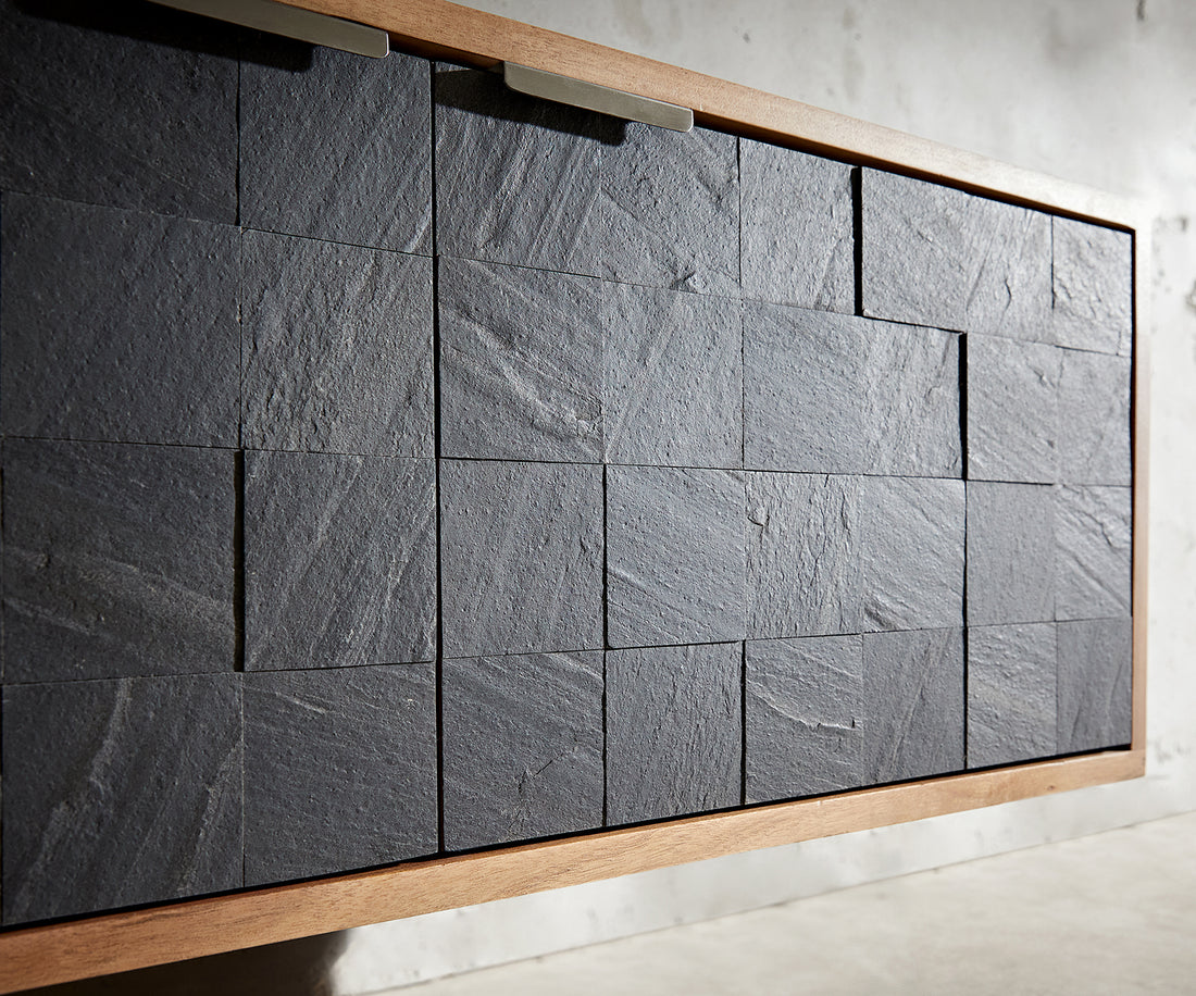 Floating TV Stand Teele 240cm Acacia Wood Natural And Slate 4 Doors