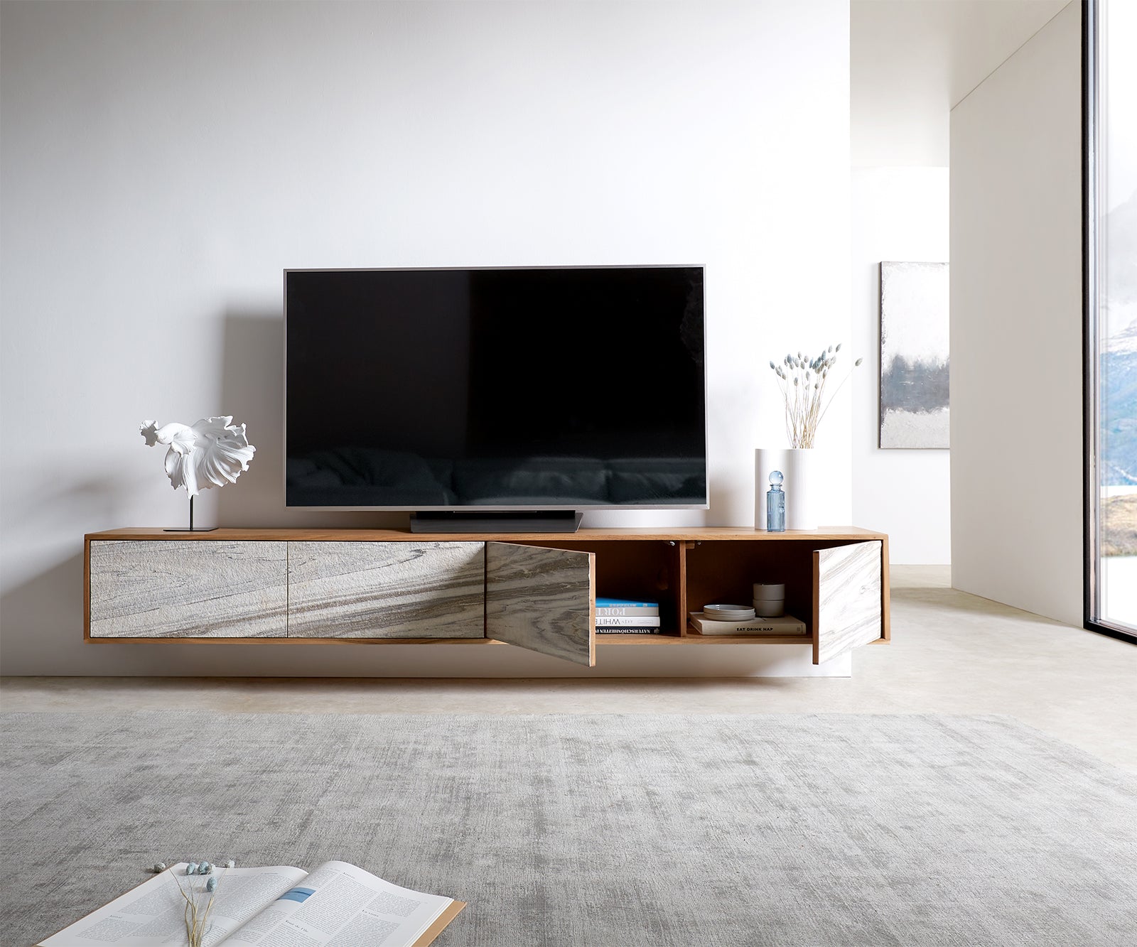Floating TV Stand Kleo 220cm Acacia Wood Natural 4 Doors