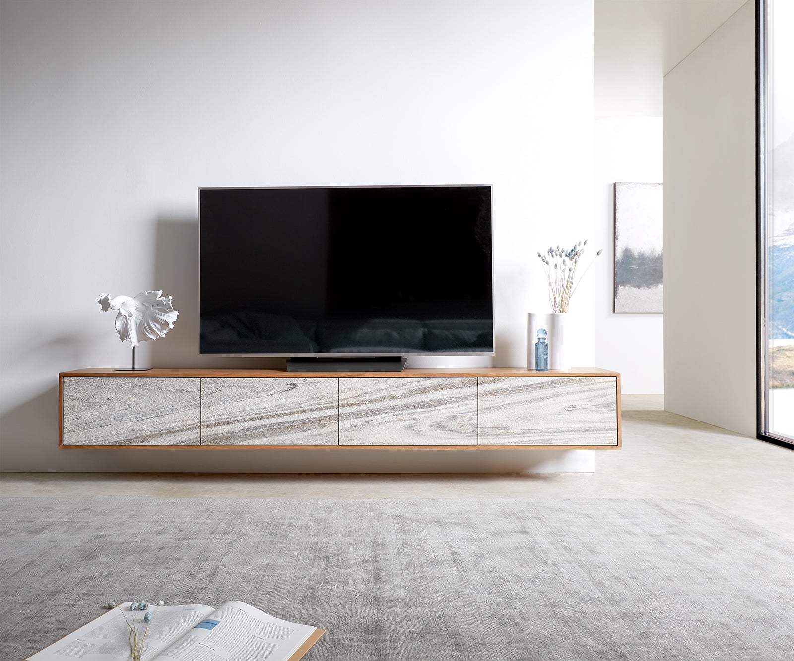 Floating TV Stand Kleo 220cm Acacia Wood Natural 4 Doors