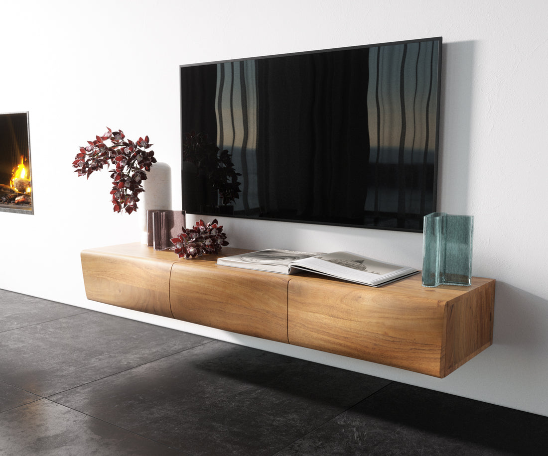 Floating TV Stand New Live-Edge 145cm 3 Doors Acacia Wood Natural