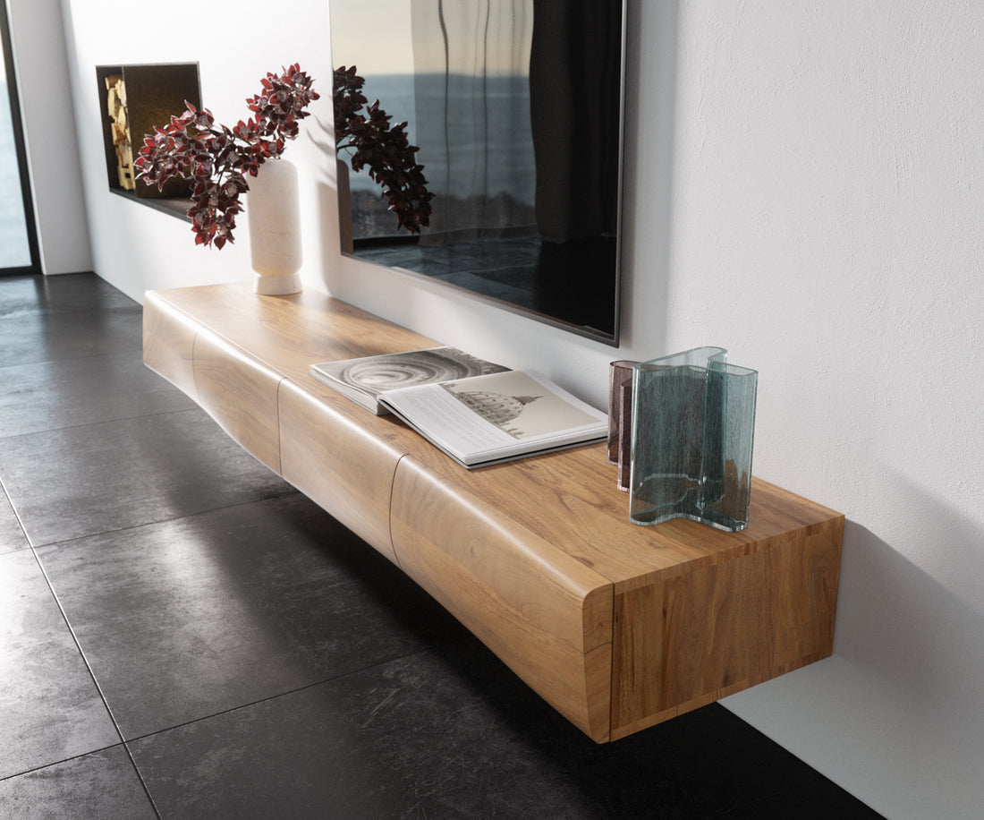 Floating TV Stand New Live-Edge 200cm 4 Doors Acacia Wood Natural