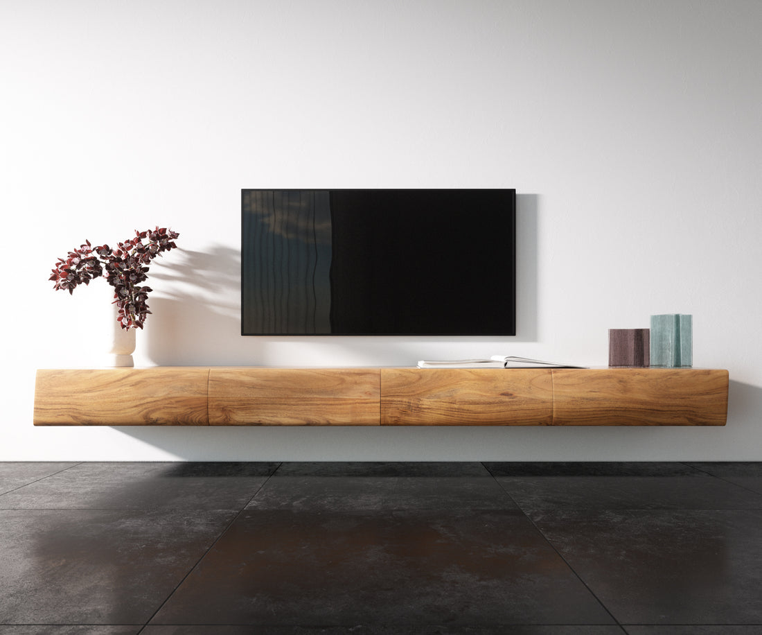 Floating TV Stand New Live-Edge 240cm 4 Drawers Acacia Wood Natural