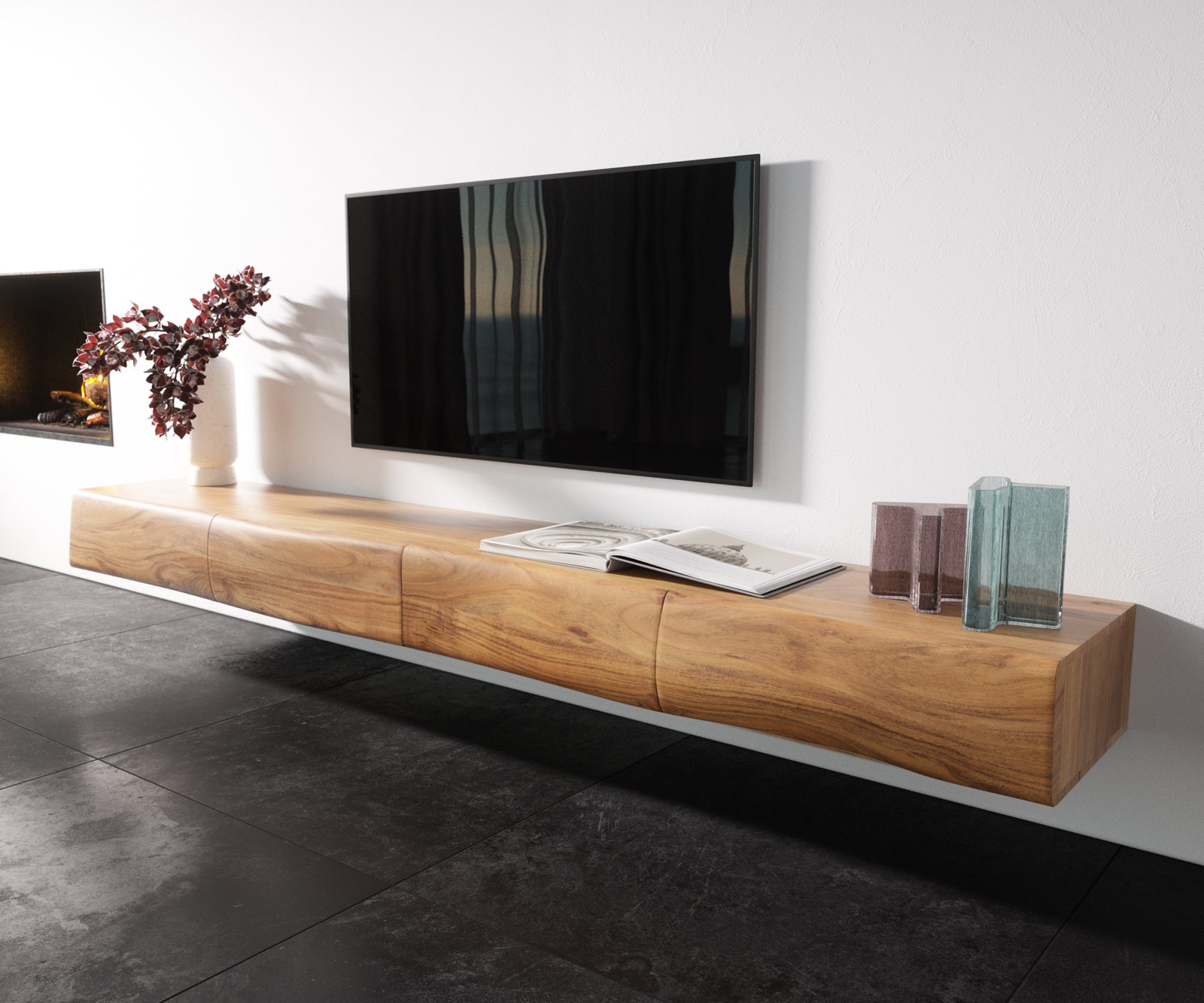 Floating TV Stand New Live-Edge 240cm 4 Drawers Acacia Wood Natural