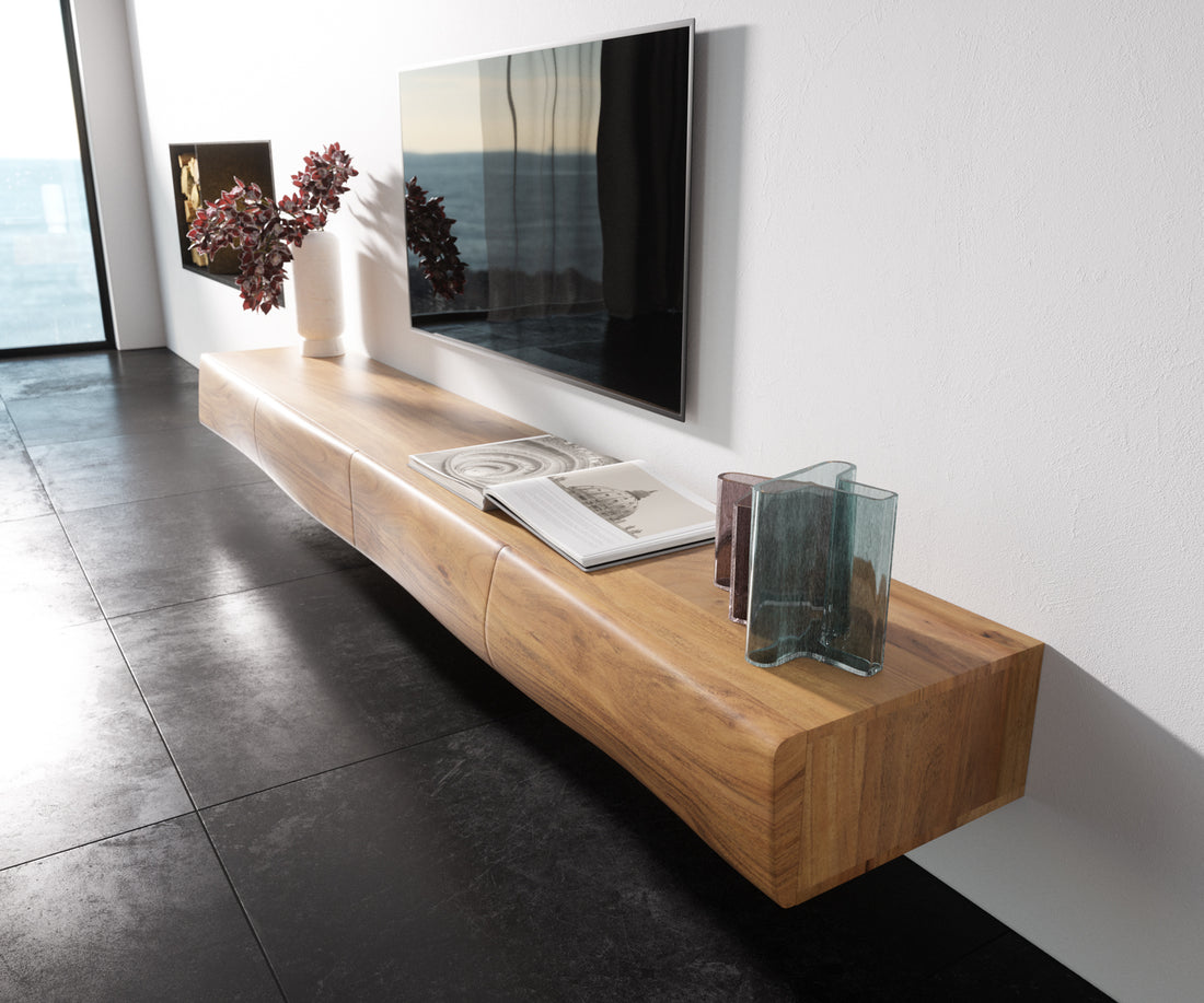 Floating TV Stand New Live-Edge 240cm 4 Drawers Acacia Wood Natural