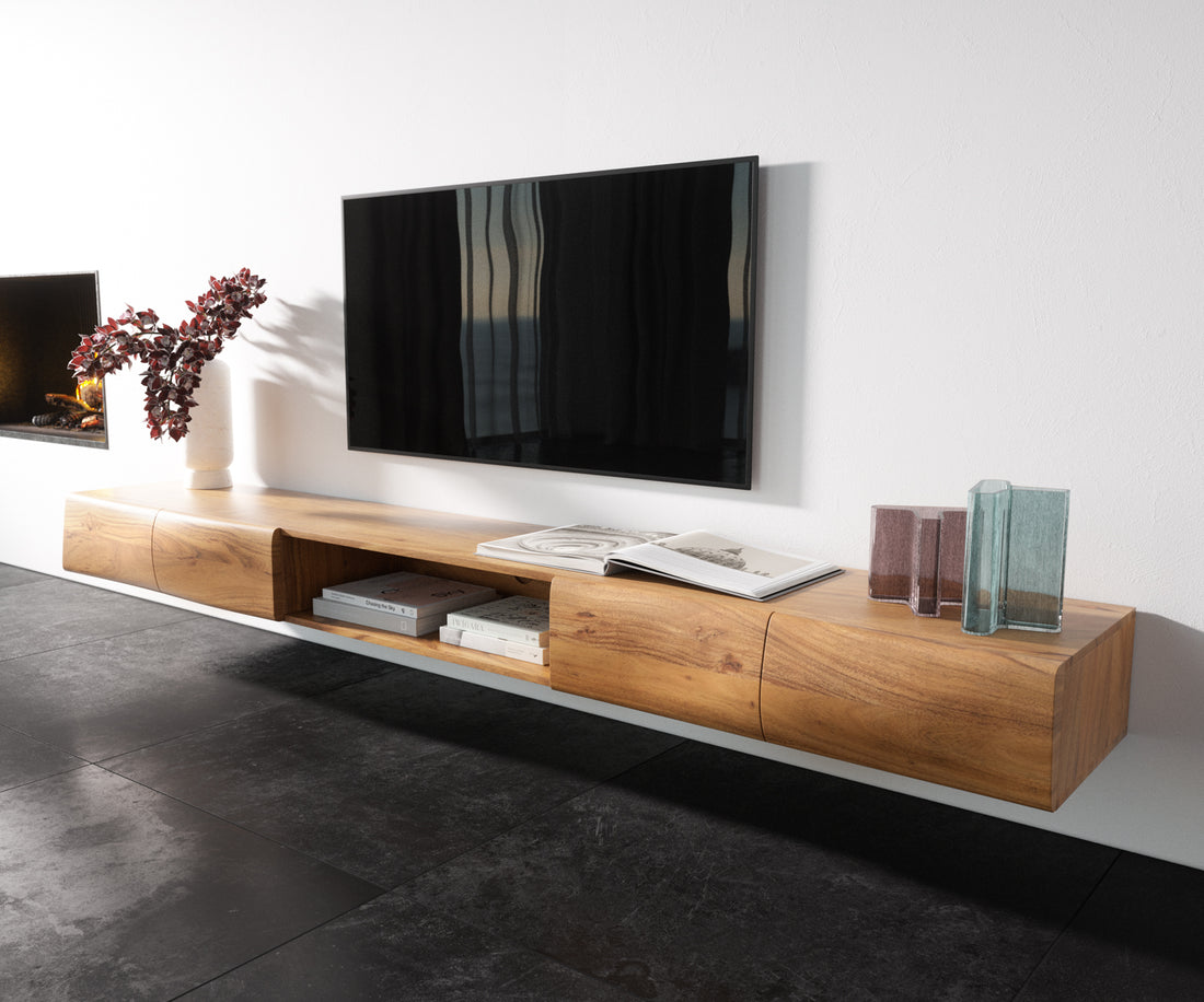 Floating TV Stand New Live-Edge 240cm 4 Doors 1 Compartment Acacia Wood Natural