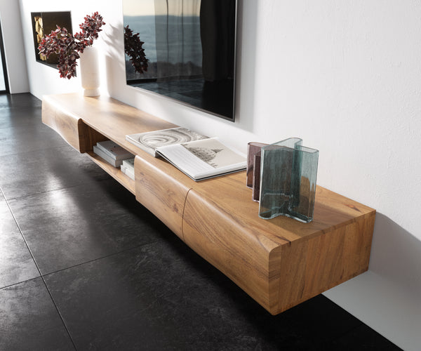 Floating TV Stand New Live-Edge 240cm 4 Doors 1 Compartment Acacia Wood Natural