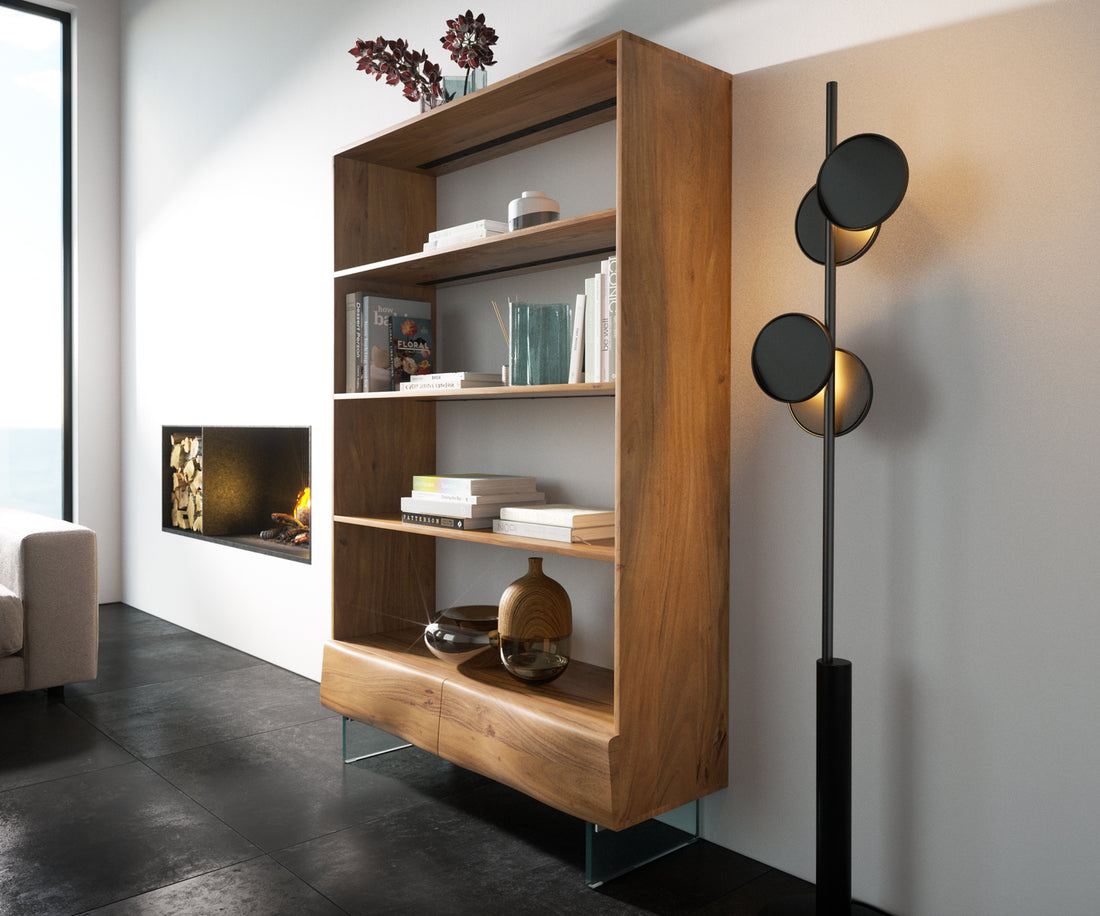 Bookcase New Live-Edge 115x175cm 2 Drawers Acacia Wood Natural Glass Base