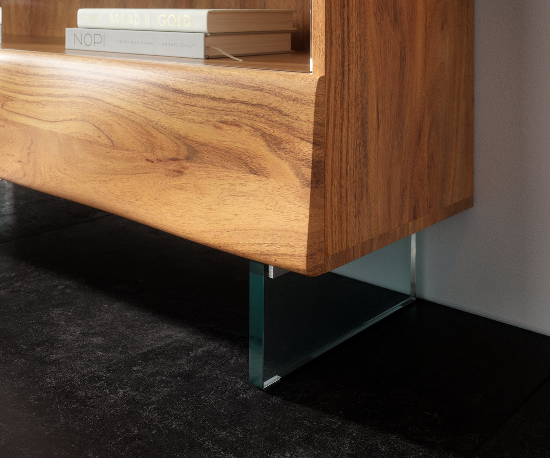 Bookcase New Live-Edge 115x175cm 2 Drawers Acacia Wood Natural Glass Base