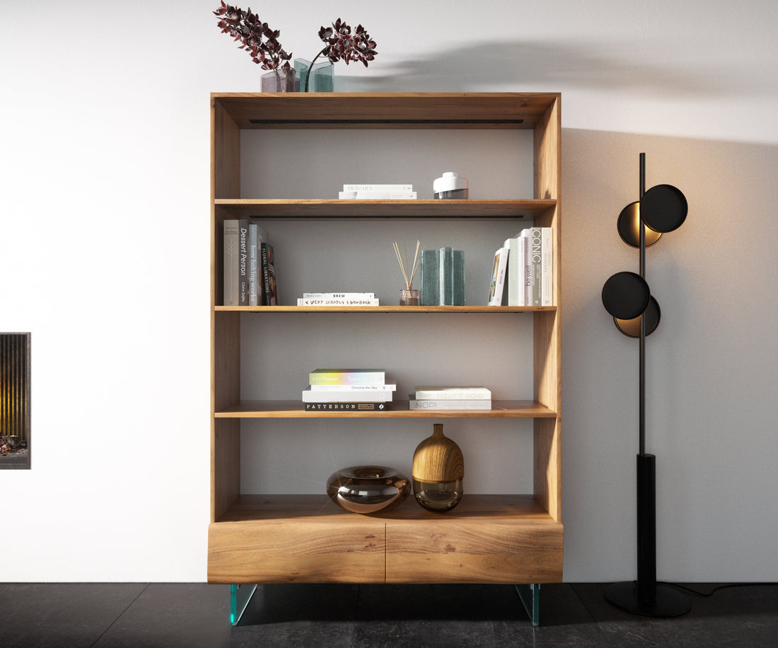 Bookcase New Live-Edge 115x175cm 2 Drawers Acacia Wood Natural Glass Base