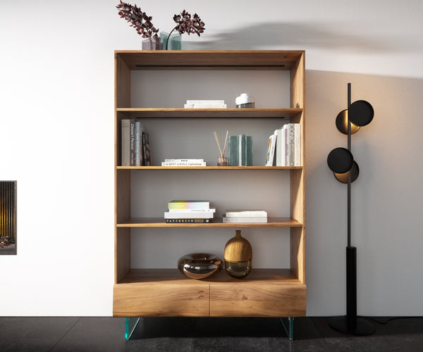 Bookcase New Live-Edge 115x175cm 2 Drawers Acacia Wood Natural Glass Base