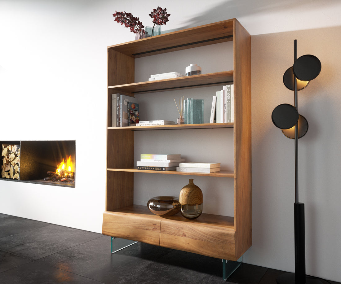 Bookcase New Live-Edge 115x175cm 2 Drawers Acacia Wood Natural Glass Base