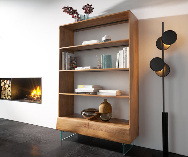 Bookcase New Live-Edge 115x175cm 2 Drawers Acacia Wood Natural Glass Base