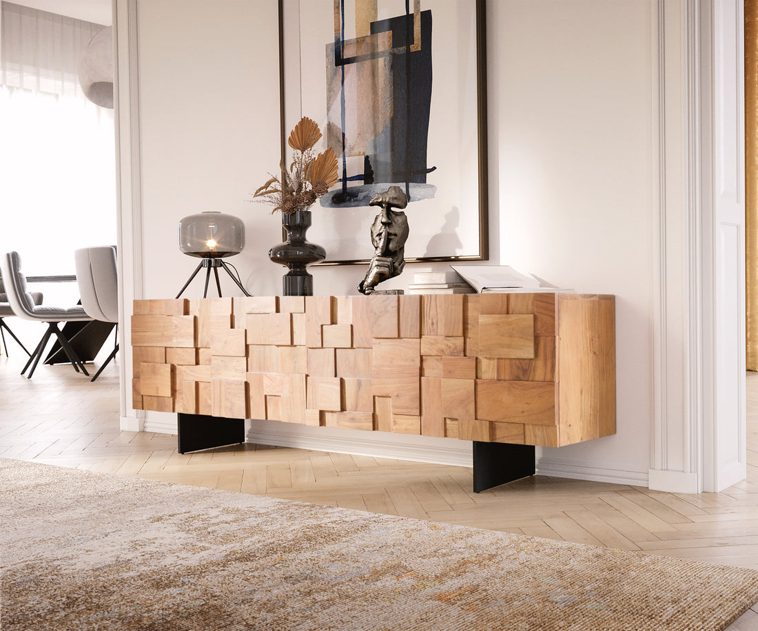 TV Stand Puzzle 175cm Acacia Wood Natural 4 Doors Narrow Feet Black