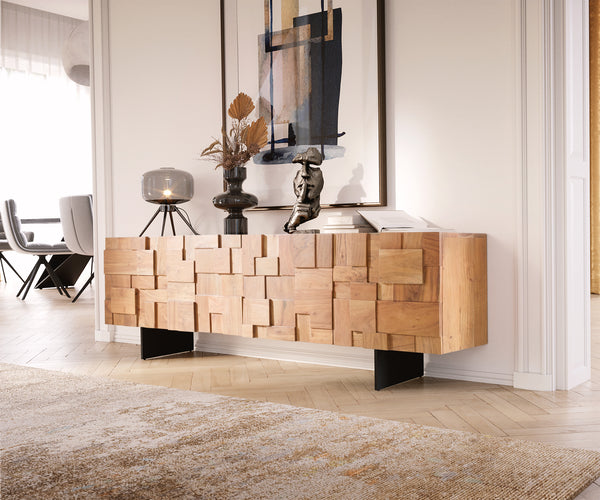 TV Stand Puzzle 175cm Acacia Wood Natural 4 Doors Narrow Feet Black