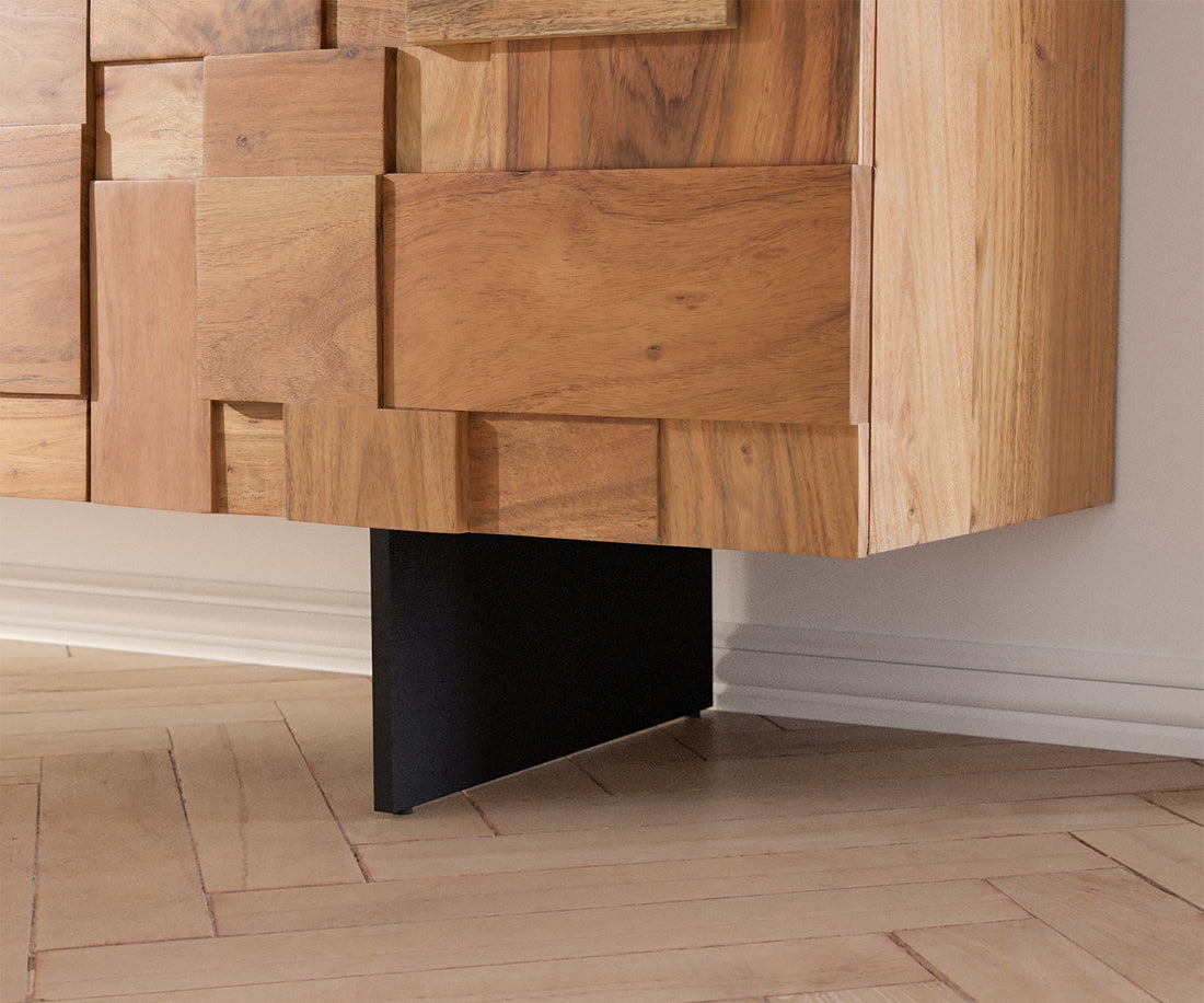TV Stand Puzzle 175cm Acacia Wood Natural 4 Doors Narrow Feet Black