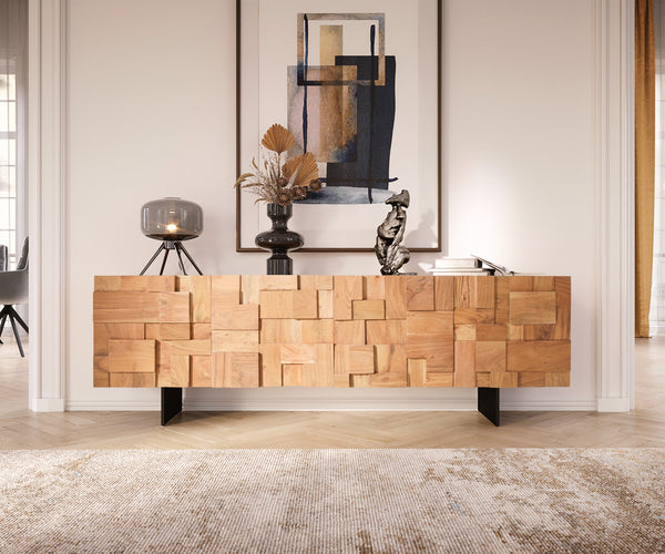 TV Stand Puzzle 175cm Acacia Wood Natural 4 Doors Narrow Feet Black