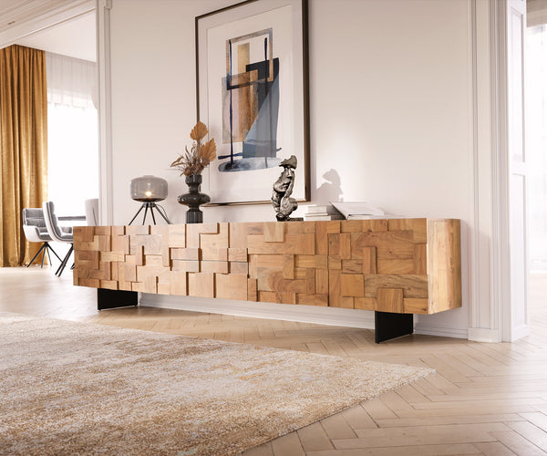TV Stand Puzzle 260cm Acacia Wood Natural 4 Doors 2 Drawers Narrow Feet Black