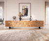 TV Stand Puzzle 260cm Acacia Wood Natural 4 Doors 2 Drawers Narrow Feet Black