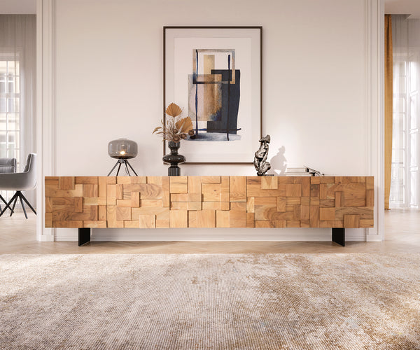 TV Stand Puzzle 260cm Acacia Wood Natural 4 Doors 2 Drawers Narrow Feet Black