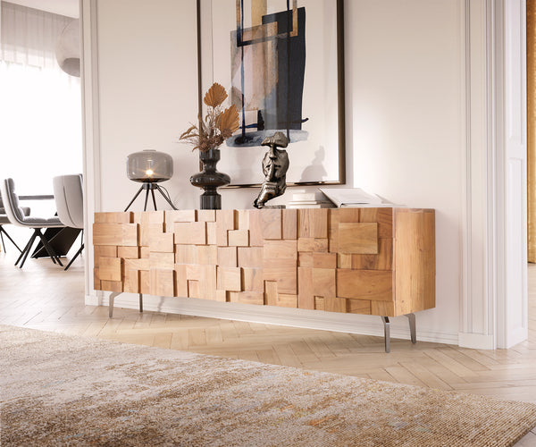 TV Stand Puzzle 175cm Acacia Wood Natural 4 Doors Angled Feet Silver