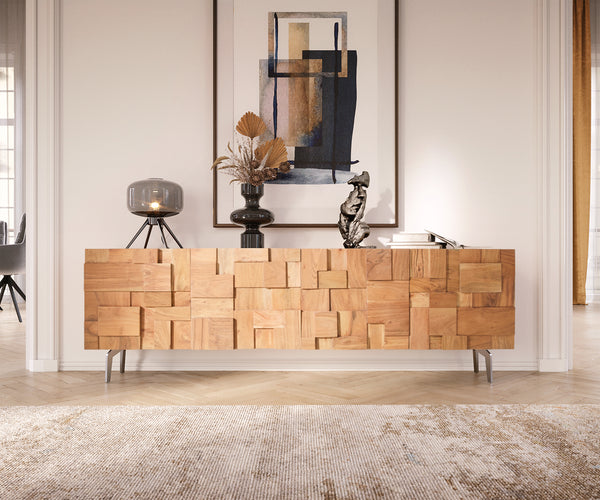 TV Stand Puzzle 175cm Acacia Wood Natural 4 Doors Angled Feet Silver