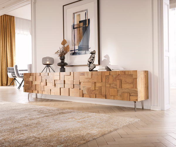 TV Stand Puzzle 260cm Acacia Wood Natural 4 Doors 2 Drawers Angled Feet Silver