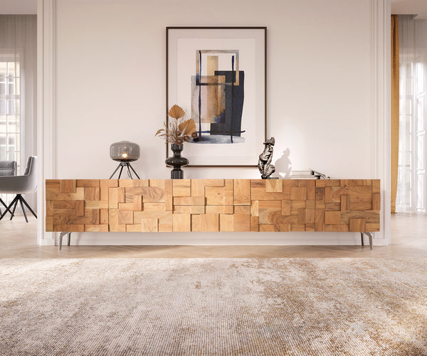 TV Stand Puzzle 260cm Acacia Wood Natural 4 Doors 2 Drawers Angled Feet Silver