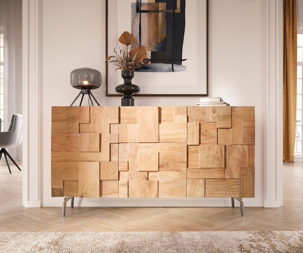 Sideboard Puzzle 145cm Acacia Wood Natural 3 Doors Angle Base Stainless Steel