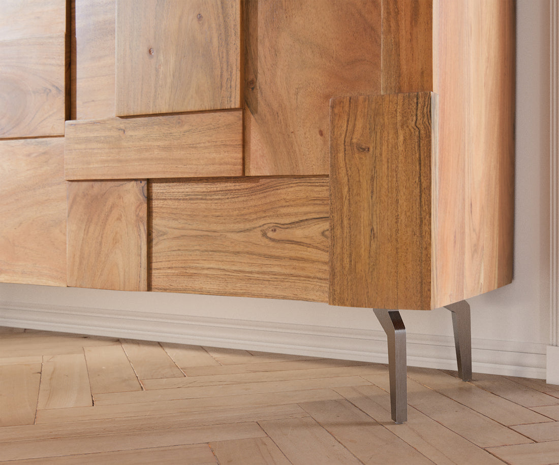 Sideboard Puzzle 145cm Acacia Wood Natural 3 Doors Angled Feet Silver