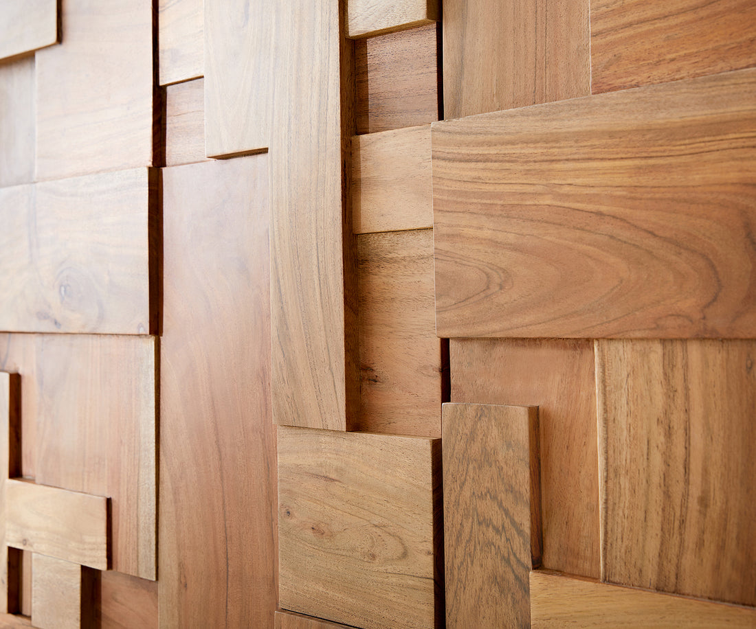 Sideboard Puzzle 175cm Acacia Wood Natural 3 Doors Angled Feet Silver