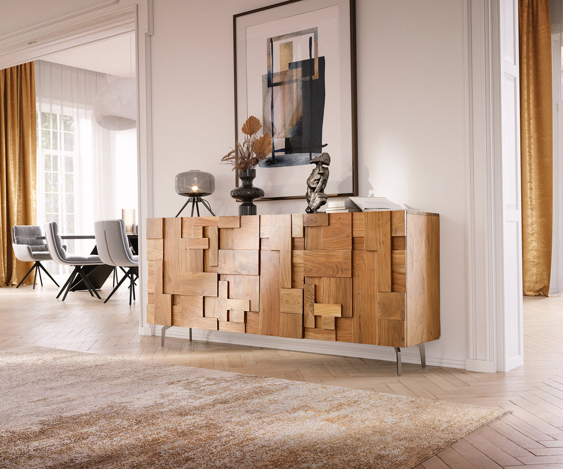 Sideboard Puzzle 175cm Acacia Wood Natural 3 Doors Angled Feet Silver