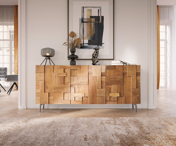 Sideboard Puzzle 175cm Acacia Wood Natural 3 Doors Angled Feet Silver