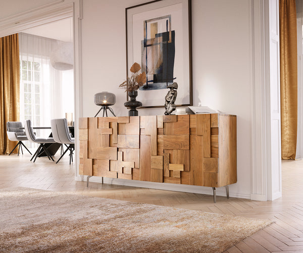 Sideboard Puzzle 175cm Acacia Wood Natural 3 Doors Angled Feet Silver