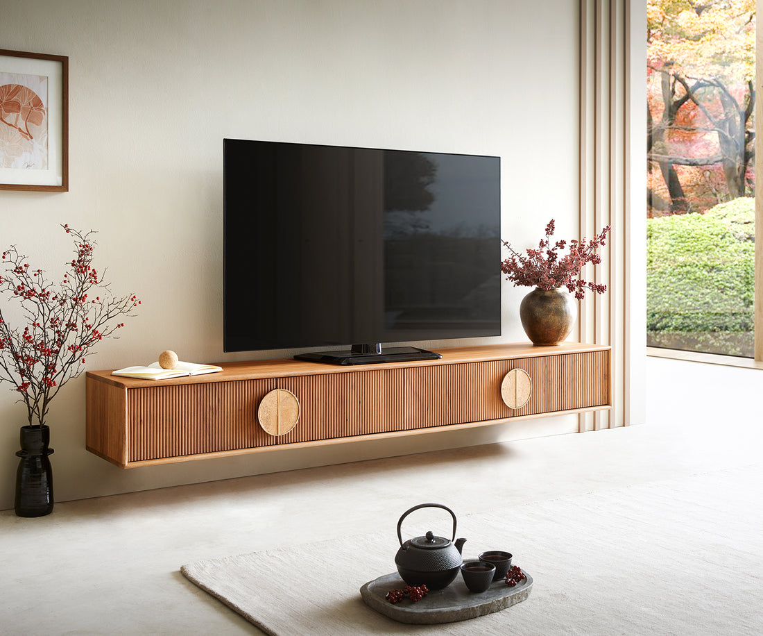Floating TV Stand Surimu 200cm Acacia Wood Light Brown 4 Doors Cork Handle
