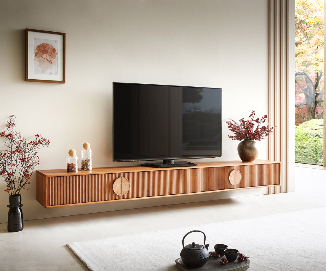 Floating TV Stand Surimu 240cm Acacia Wood Light Brown 4 Doors Cork Handle